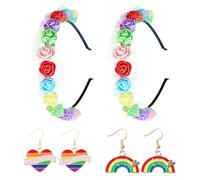 CWPFVQA 2 Stück Regenbogenblumen-Stirnbänder Mit 2 Paar Regenbogenohrringen, Floraler Kopfschmuck, Modeaccessoires Für Frauen, Pride-Party-Outfit, Regenbogenblumen-Kopfschmuck