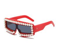 CWZZWS Einteilige Perlen-Sonnenbrille mit flachem Oberteil, übergroße Retro-Sonnenbrille für Damen, unregelmäßige Brille