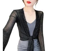 CXUNFHCL Bolero Damen,Kurzer Cardigan für Damen Leicht Zum Binden Langärmliges Pailletten Oberteil Transparenter Shrug Schal Elegante Strick Bolero Jacke Sommer Bademode Überzug für Kleider Schwarz S
