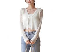 CXUNFHCL Bolero Mädchen,Kurzer Cardigan für Damen Leicht Ausgehöhlt Gehäkelt Transparent Shrug Schal Elegant Gestrickt Bolero Jacke Sommer Bademode Überzug für Kleider Weiß Xs