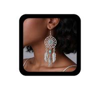 Cybche Boho Blau Türkis Blatt Traumfänger Ohrringe Ethnischen Teal Westlichen Feder Ohrringe Quaste Baumeln Haken Hohlen Kreis Tropfen Vintage Tribal Zigeuner Retro-Schmuck Für Frauen