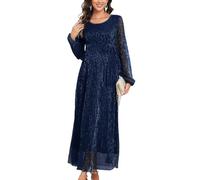 CYCLAMEN 2025 Umstandskleid, glitzerndes Netz-Maxikleid, lange Ärmel, langes, fließendes Schwangerschaftskleid mit Gürtel, Babyparty, formell, Marineblau, Mittel