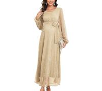 Cyclamen 2025 Umstandskleid, glitzerndes Netz-Maxikleid, Lange Ärmel, langes, fließendes Schwangerschaftskleid mit Gürtel, Babyparty, formell, Gold, Groß