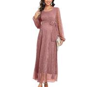 CYCLAMEN 2025 Umstandskleid, glitzerndes Netz-Maxikleid, lange Ärmel, langes, fließendes Schwangerschaftskleid mit Gürtel, Babyparty, formell, Pflaume, Groß