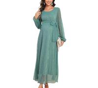 CYCLAMEN 2025 Umstandskleid, glitzerndes Netz-Maxikleid, lange Ärmel, langes, fließendes Schwangerschaftskleid mit Gürtel, Babyparty, formell, Salbeigrün, Klein