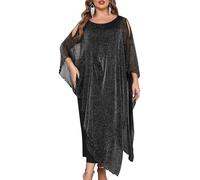 CYCLAMEN Funkelndes formelles Maxikleid in Übergröße, langes Umhang, Overlay, Hochzeit, Gast, Cocktail, Brautmutter-Outfit, Abendkleid, Glänzendes Schwarz, 5XL