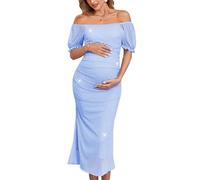 CYCLAMEN Umstandskleid aus Netzstoff, Cocktailkleid, Hochzeit, Gast, Babyparty, Schwangerschaft, Sommer, Pastellfarben, Blumenmuster, glitzernd, Kurze Ärmel, glitzerndes Hellblau, Mittel