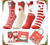 Cyiecw 4 Paar Weihnachtssocken Damen mit Geschenkbox und Geschenktüte, Baumwolle Winter Warm Socken Weihnachten Cartoon-Muster Rentier Fuchs, Bär, Weihnachtsmann (Weihnachten A)