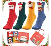 Cyiecw 4 Paar Weihnachtssocken Damen mit Geschenkbox und Geschenktüte, Baumwolle Winter Warm Socken Weihnachten Cartoon-Muster Rentier Fuchs, Bär, Weihnachtsmann (Weihnachten B)