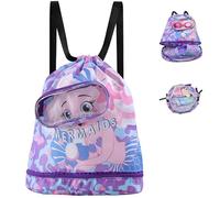 Cyiecw Wasserdichter Schwimmrucksack Kinder mit Kordelzug, Schwimmtasche Turnbeutel mit Bodenfach und Brillenbereich, Nasser und Trockener Sportrucksack Kinder für Mädchen und Jungen (Meerjungfrau)