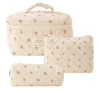Cymwer 3pcs Speichertasche Set, gedruckte Frauen Gesteppte Kosmetikbeutel große Kapazität Reißverschluss Schließung Mädchen Baumwoll -ästhetische Toilierten