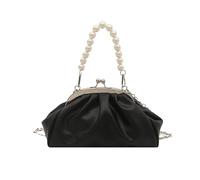 Cymwer Cloud Sling Bag with Pearl Chain PU Leather Ruched Handbag Commute Bag (Black)