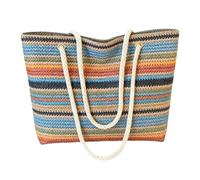 Cymwer Women PU Top-Handle Bags Large Capacity Beach Aesthetic Bag Knitting Design Striped Rainbow Woven Handbag for Daily Office Work Outdoors Leisure Occasions (Blue)