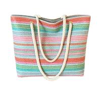 Cymwer Women PU Top-Handle Bags Large Capacity Beach Aesthetic Bag Knitting Design Striped Rainbow Woven Handbag for Daily Office Work Outdoors Leisure Occasions (Green)