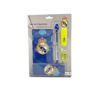 CYPBRANDS Real Madrid Schreibwaren-Set mit Lesezeichen, Textmarker, Korrektur, Kugelschreiber, Notizblock, Weiß, offizielles Produkt