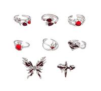 CZMZHFC 8-teiliges Gothic-Ringe für Damen, Vintage-Silber-Knöchelring-Set, verstellbare Öffnung, stapelbar, Statement-Ring, Punk, Schmetterling, Spinne, Kreuz, Herz, roter Edelstein, Y2K-Ring