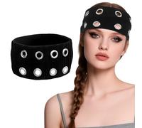 CZMZHFC Schwarzes Haarband mit Ösen, elastisches Haarband für Damen, Punk-Stil, Nieten, Stirnband, Y2K Grunge, modisches breites Stirnband, dehnbar, lässiger Haarschmuck für Frauen (Schwarz, 1 Stück)