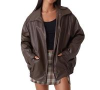 CzooM Damen Lederjacken Übergroße Faux Motorrad Biker Mantel PU Moto Varsity Bomber Cardigan Jacken Herbst Outwear Streetwear (Color : Brown, Size : M)