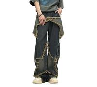 CzooM Damen Vintage Baggy Jeans mit Patchwork High Waist Fringe Hem Denim Jeanshose Y2K Streetwear Blau (Color : Blue, Size : M)