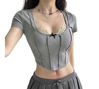 CzooM Damen Y2K Fairy Crop Top Cute Lace Patchwork Kurzarm T-Shirt Trendy Sommer Ästhetische T-Shirts Vintage Kleidung(S)