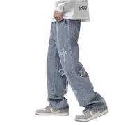 CzooM Herren Baggy Hip-Hop Cross Patchwork Jeans Loose Fit Wide Leg Straight Denim Pants Streetwear Y2K Jeans Casual Cross-Stitch Patch Jeans (Color : Blue, Size : L)