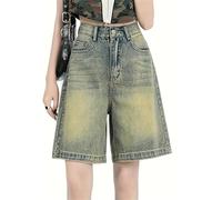 CzooM Jeans Shorts Damen Kurze Hose Denim Sommer Jorts Baggy Straight Leg Bermuda Streetwear Basic Shorts Hose Lässige mit Taschen(L)