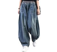CzooM Lässige Damen-Ballonhose, weites Bein, mittlere Taille, Y2K-Jeans, lockere Baggy-Jeans mit Taschen (Color : Blue, Size : S)