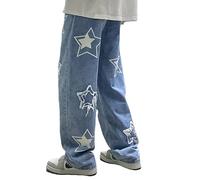 CzooM Men Hip Hop Jeans Baggy Straight Leg Gewaschen Jeanshose Casual Denim Hosen Vintage Bedruckte Jeans Teenager Skateboard Hose Streetwear (Color : Blue, Size : M)