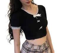 CzooM Y2k T-Shirt Damen Crop Top Y2K Koreanisches Harajuku T-Shirt Spitzenbesatz V-Ausschnitt Kurzarm Bluse Slim Fit Bauchfrei Oberteile Crop Top Sommer E-Girl Streetwear (Color : Black, Size : M)
