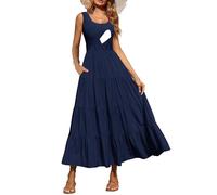 CzzzyL Damen Stillkleider Gesmoktes Rundhals Sommer Ärmellos Gestuftes Maxikleid mit Taschen, Marineblau, Klein