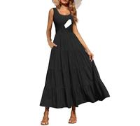 CzzzyL Damen Stillkleider Gesmoktes Rundhals Sommer Ärmellos Gestuftes Maxikleid mit Taschen, Schwarz, Groß