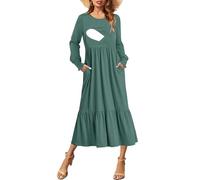 CzzzyL Stillkleid für Damen, Rundhalsausschnitt, Herbst, fließend, lange Ärmel, gesmokte Bündchen, gestufte Cocktailkleider mit Taschen, Grau/Blau, X-Groß