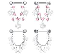 D.Bella 2 Paar Brustwarzenpiercing Nippelpiercing Chirurgenstahl 14G 16mm Piercing Brustwarze Nippel Ring Barbell mit Hohle Herzförmige Muschel Glocken CZ Kette