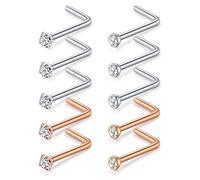 D.Bella Nasenstecker 18G L Form Nasenringe 316L Chirurgenstahl Nasenpiercing Ohrstecker mit 2.0mm Zirconia Nase Nostril Piercing Stecker 10 Stk Silber und Rosegold Farbe