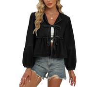 D-Sun Damen-Babydoll-Denim-Hemd mit Schößchen, vorne zum Binden, lange Puffärmel, Y2K, bauchfreie Schleife, vorne offen, Schwarz, Mittel