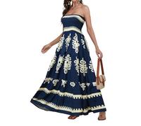 Daenery Trägerloses Maxikleid für Damen, A-Linie, Schlauch-Top, rückenfrei, lässiges Sommerkleid, Marineblau / Weiß, X-Groß