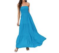 Daenery Trägerloses Maxikleid für Damen, Blumenmuster, schulterfrei, lässig, Strandparty, langes Kleid, Blau Azurblau, Mittel