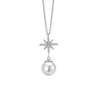 Daesar Halskette Damen Weißgold 18K Echtgold 750, Charms Anhänger 9MM Perle und Schneeflocke mit 0.16ct Diamant Kette Weißgold 45CM Wasserfest für Frauen