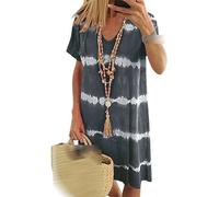 Daffezon Batik-gestreiftes, kurzärmliges, lockeres T-Shirt-Kleid. Damen-Batikkleid, V-Ausschnitt, Midi-Kleid