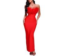 DAGIN Frauen Sommer Elegantes Trägerloses Midi, Figurbetontes Kleid Einfarbig Stretch Mesh Schlank Party Cocktailkleider (Color : Red, Size : S)