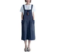 DAIHAN Damen Lose Latzkleid Jeanskleid Latzrock A-Linien Elegante Midi Casual Freizeit Kleider Denim Blau L