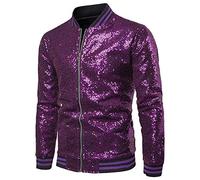DAIHAN Herren Sparkle Glitzer Pailletten Langarm Reißverschluss Jackenmantel Abendmode Blazer Freizeit Bomberjacke Violett S