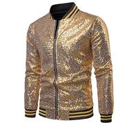 DAIHAN Herren Sparkle Glitzer Pailletten Langarm Reißverschluss Jackenmantel Abendmode Blazer Freizeit Bomberjacke Gold S