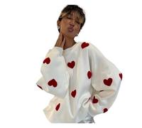 KOZYOU zur Seite Damen-Strickpullover mit Herz-Stickerei, süßer und schicker Langarm-Pullover mit Rundhalsausschnitt, lässig (Color : White, Size : L)