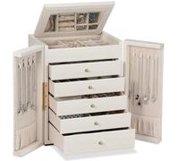 Dajasan Groß Schmuckaufbewahrung, 6 Ebenen Schmuckkästchen mit 5 Schubladen, Schmuckkasten mit Spiegel & Doppeltür, Schmuckschrank aus Vertikales Textur Leder, Modern, Geschenk für Damen (Beige)