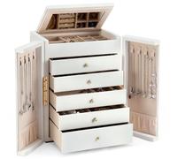 Dajasan Groß Schmuckaufbewahrung, Schmuckkästchen mit 5 Schubladen, 6 Ebenen Schmuckkasten mit Spiegel & Doppeltür, Schmuckschrank aus Vertikales Textur Leder, Modern, Geschenk für Damen (Weiß)