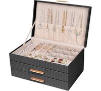 Dajasan Schmuckkästchen, Groß Schmuckaufbewahrung, 3 Ebenen Schmuckkasten mit 2 Schubladen, Schmuckbox für Schminktisch, PU-Leder Vertikale Textur, Modern, Geschenk für Damen Mädchen (Schwarz)
