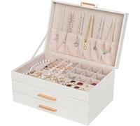 Dajasan Schmuckkästchen, Groß Schmuckaufbewahrung, 3 Ebenen Schmuckkasten mit 2 Schubladen, Schmuckschatulle für Schminktisch, PU-Leder Vertikale Textur, Modern, Geschenk für Damen Mädchen (Weiß)