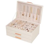 Dajasan Schmuckkästchen, Groß Schmuckaufbewahrung, 3 Ebenen Schmuckkasten mit 2 Schubladen, Schmuckschatulle für Schminktisch, PU-Leder Vertikale Textur, Modern, Geschenk für Damen Mädchen (Beige)