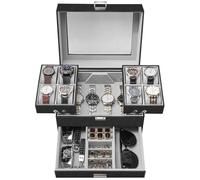 Dajasan Uhrenbox, Uhrenetui für Herren, 8 Fächer, Uhrenvitrine, 3 Schichten, große Sonnenbrillen-Aufbewahrungs-Organizer für Uhr, Ring, Schmuck, Geschenkidee, PU-Leder (schwarz)